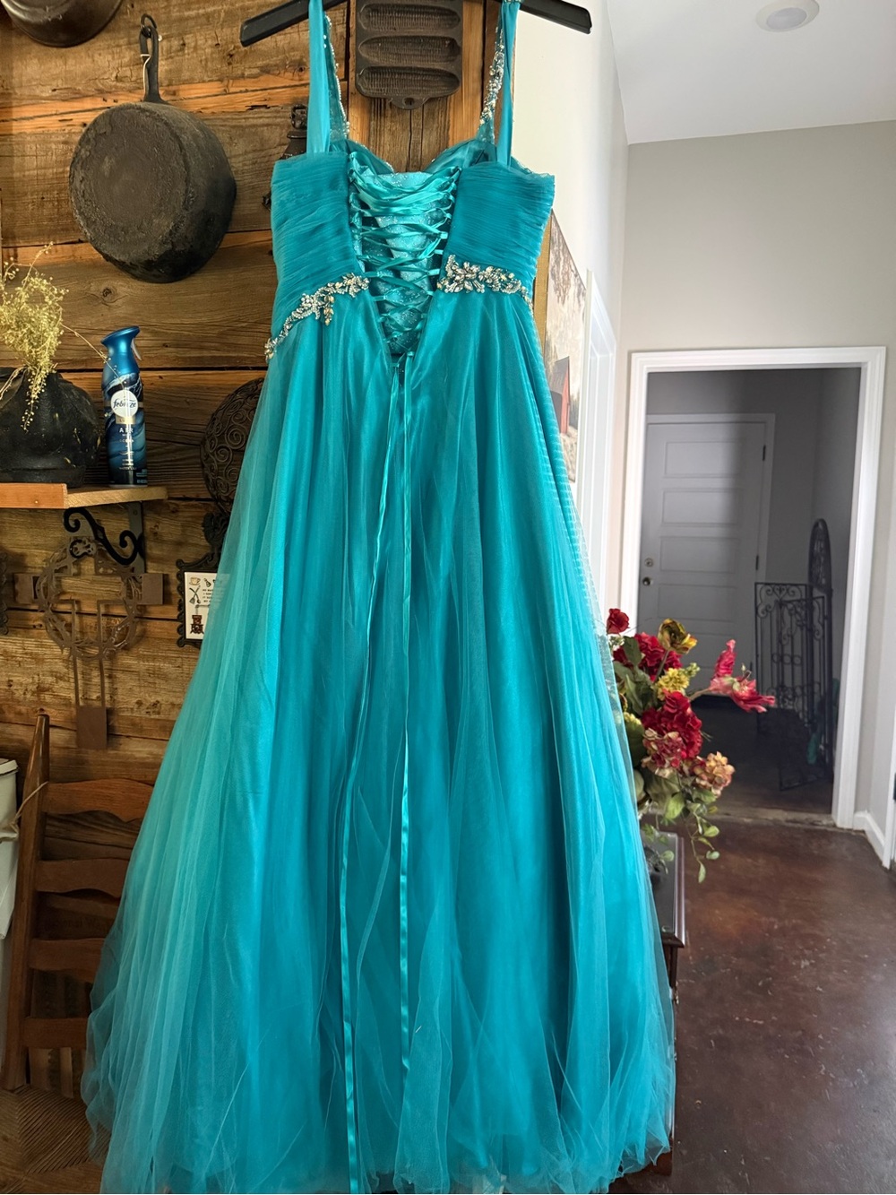 Teal Tulle Prom Dress with Beaded Waist and Lace-Up Back